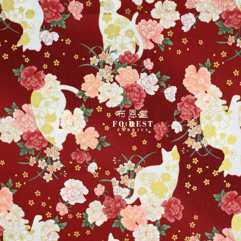 Cotton - Peony And Cat Fabric Red