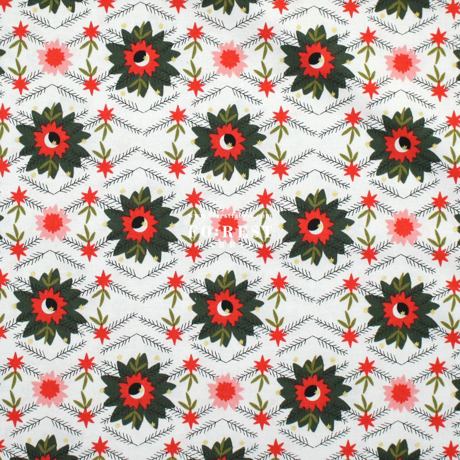 cotton - Poinsettia Mistletoe Metallic fabric - FO:REST Fabric 布恩堂Liberty fabrictana lawnjapanese fabricykk zipper