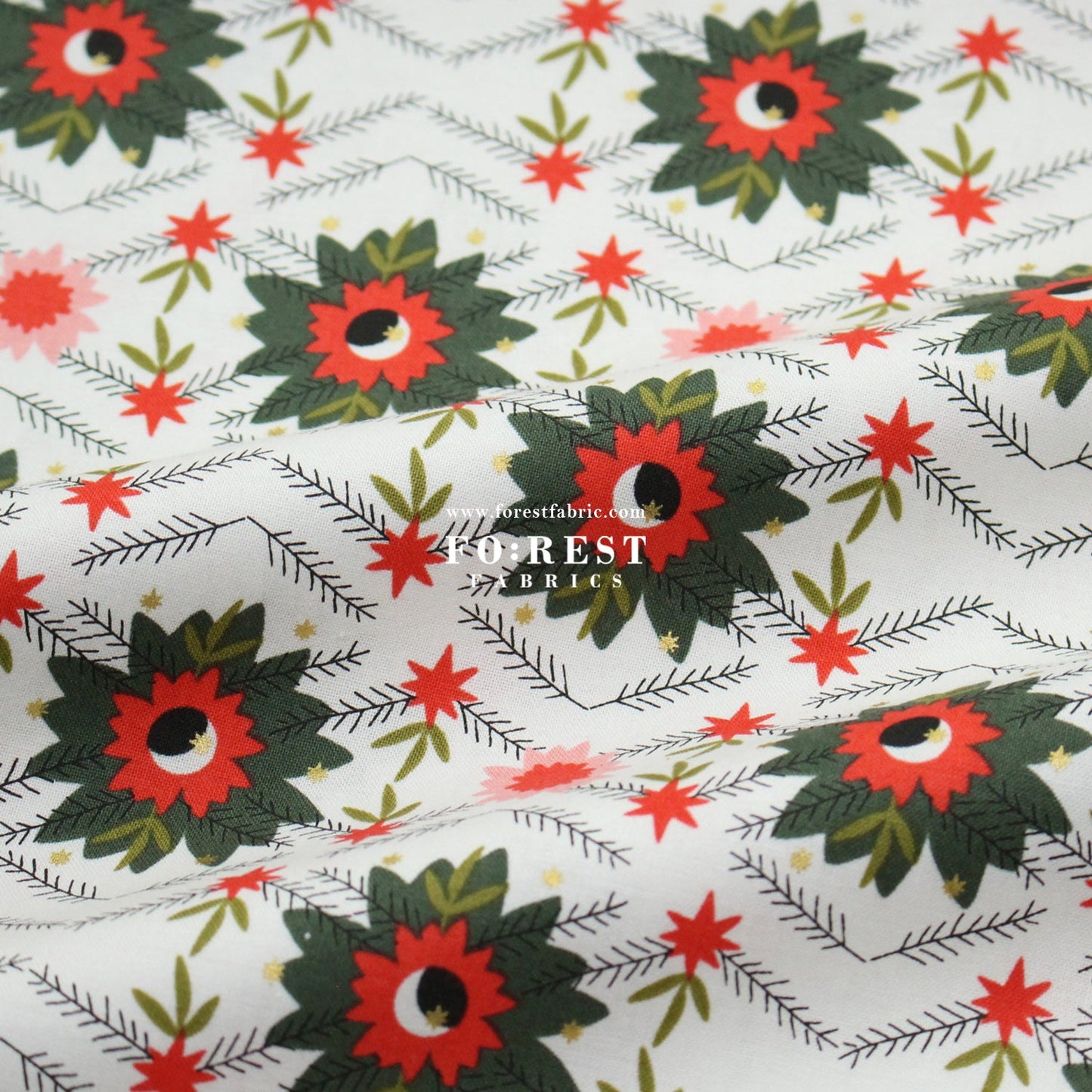 cotton - Poinsettia Mistletoe Metallic fabric - FO:REST Fabric 布恩堂Liberty fabrictana lawnjapanese fabricykk zipper