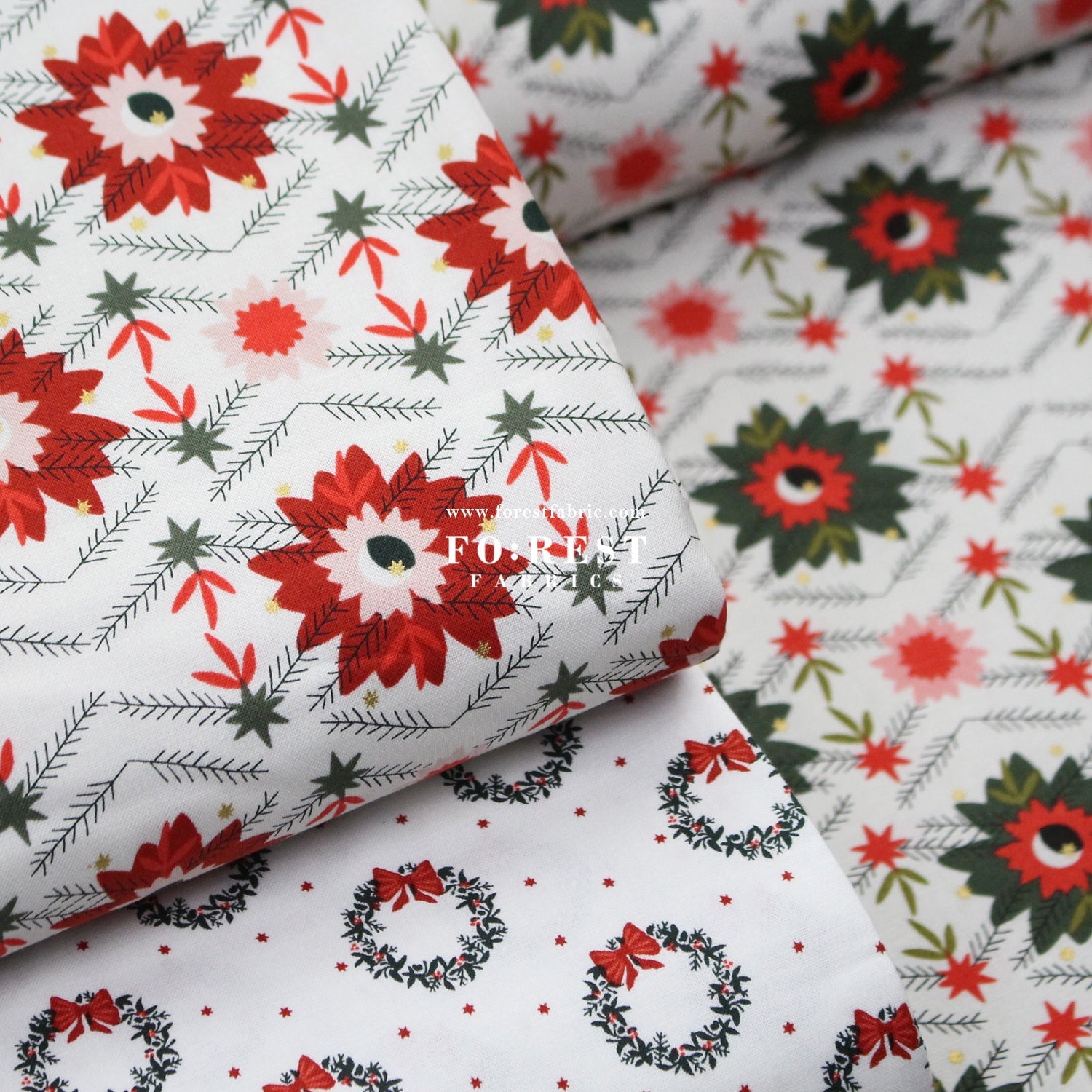 cotton - Poinsettia Mistletoe Metallic fabric - FO:REST Fabric 布恩堂Liberty fabrictana lawnjapanese fabricykk zipper