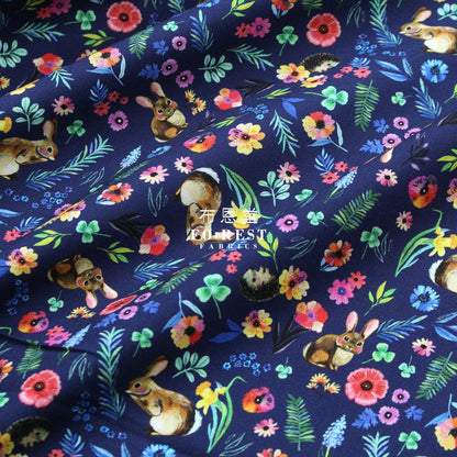 cotton - rabbit flower fabric Navy - FO:REST Fabric 布恩堂Liberty fabrictana lawnjapanese fabricykk zipper