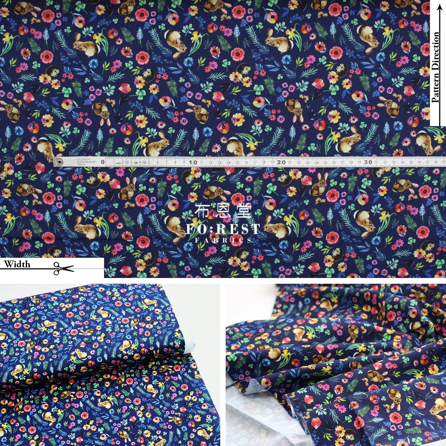 cotton - rabbit flower fabric Navy - FO:REST Fabric 布恩堂Liberty fabrictana lawnjapanese fabricykk zipper