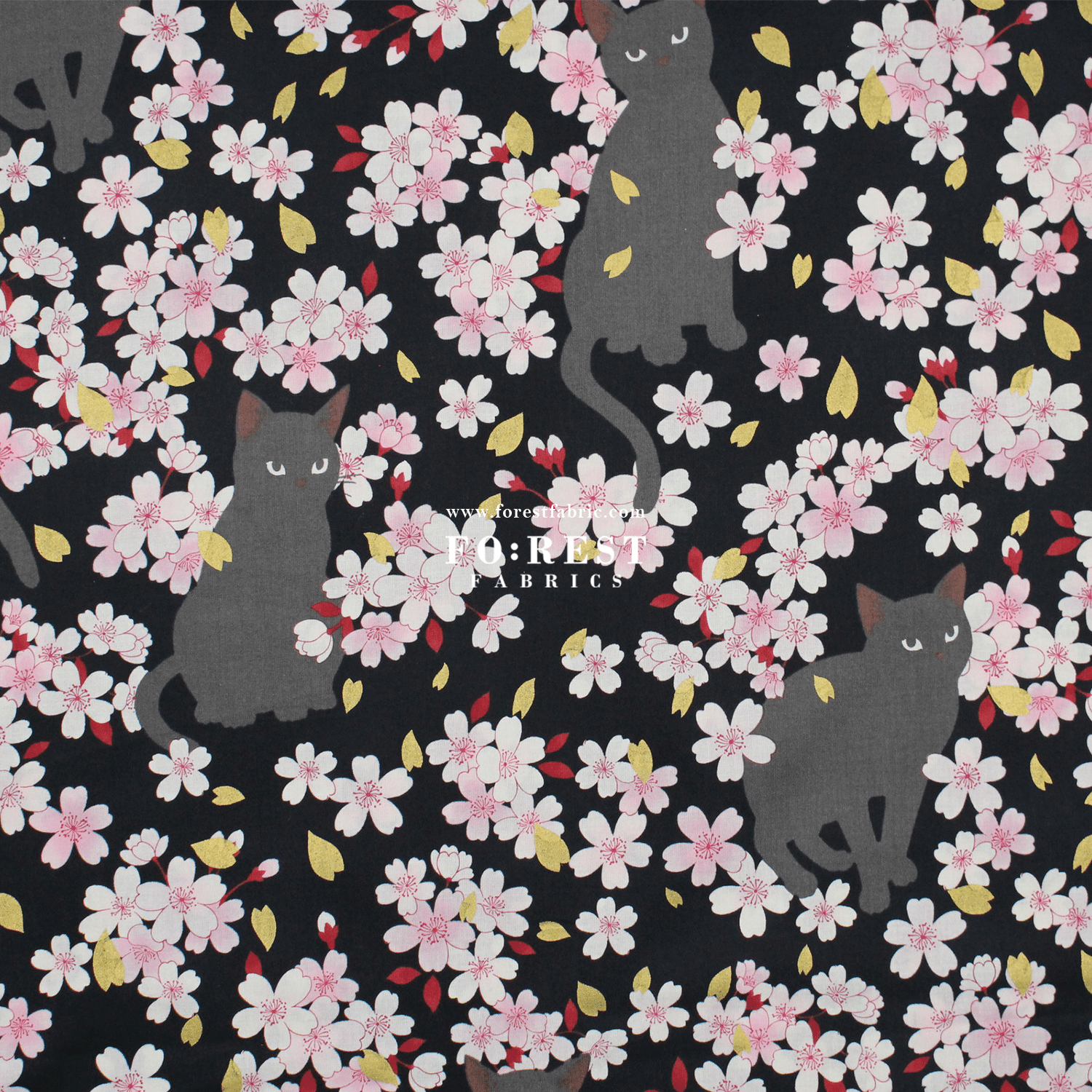 cotton - Sakura Blooms cat fabric Black - FO:REST Fabric 布恩堂Liberty fabrictana lawnjapanese fabricykk zipper