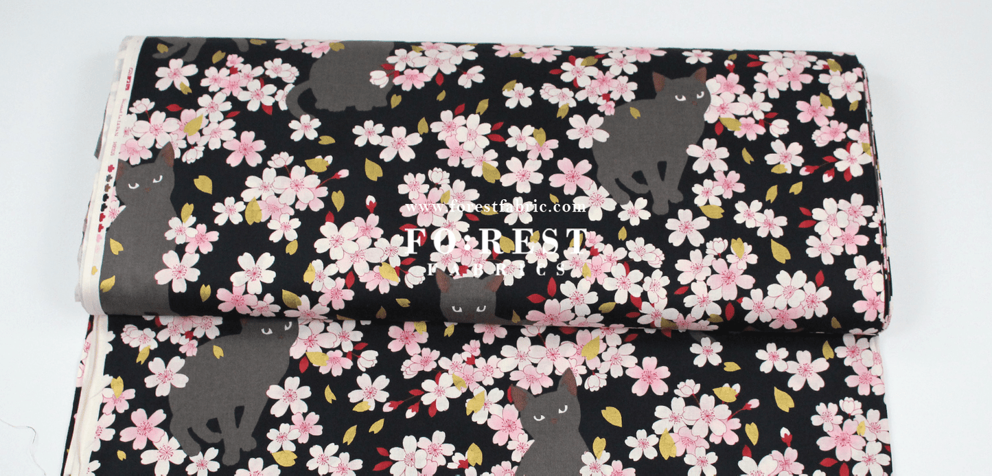 cotton - Sakura Blooms cat fabric Black - FO:REST Fabric 布恩堂Liberty fabrictana lawnjapanese fabricykk zipper