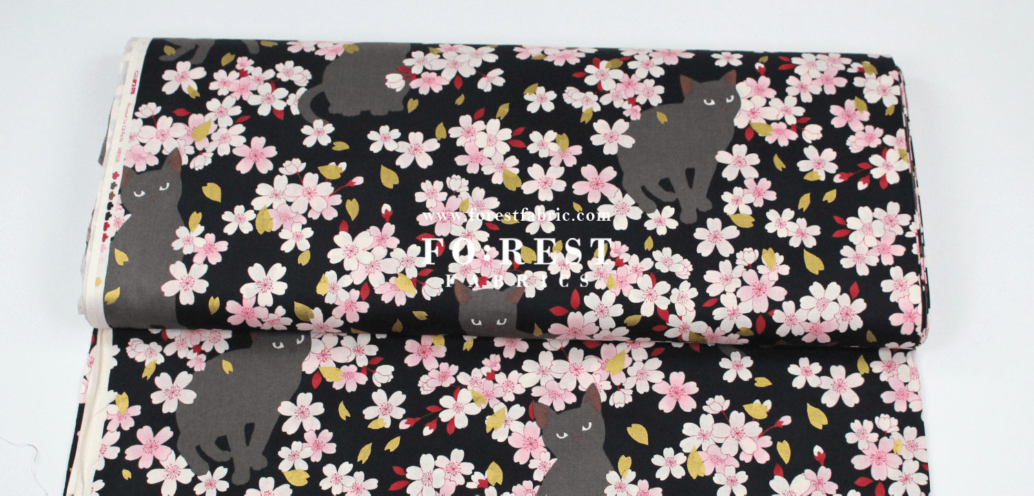cotton - Sakura Blooms cat fabric Black - FO:REST Fabric 布恩堂Liberty fabrictana lawnjapanese fabricykk zipper