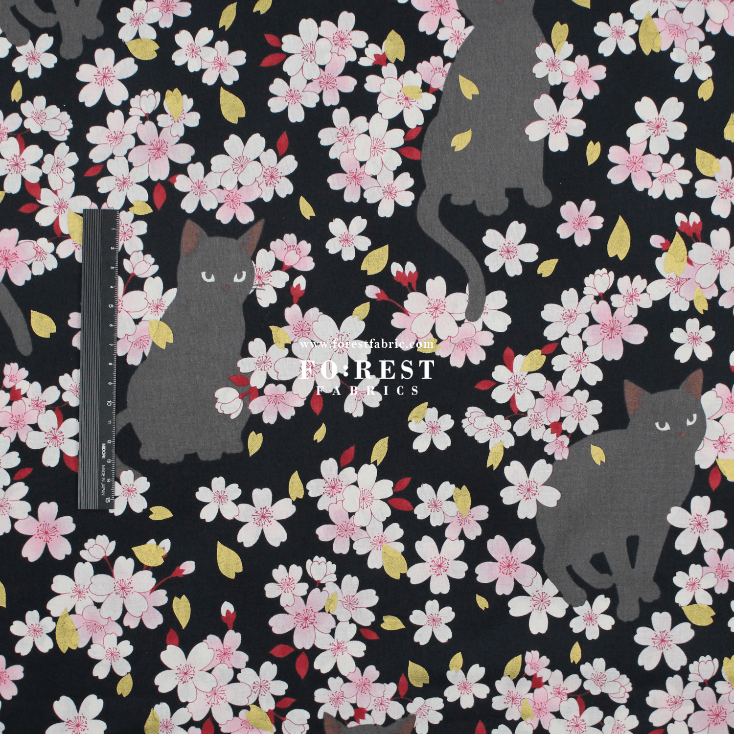 cotton - Sakura Blooms cat fabric Black - FO:REST Fabric 布恩堂Liberty fabrictana lawnjapanese fabricykk zipper