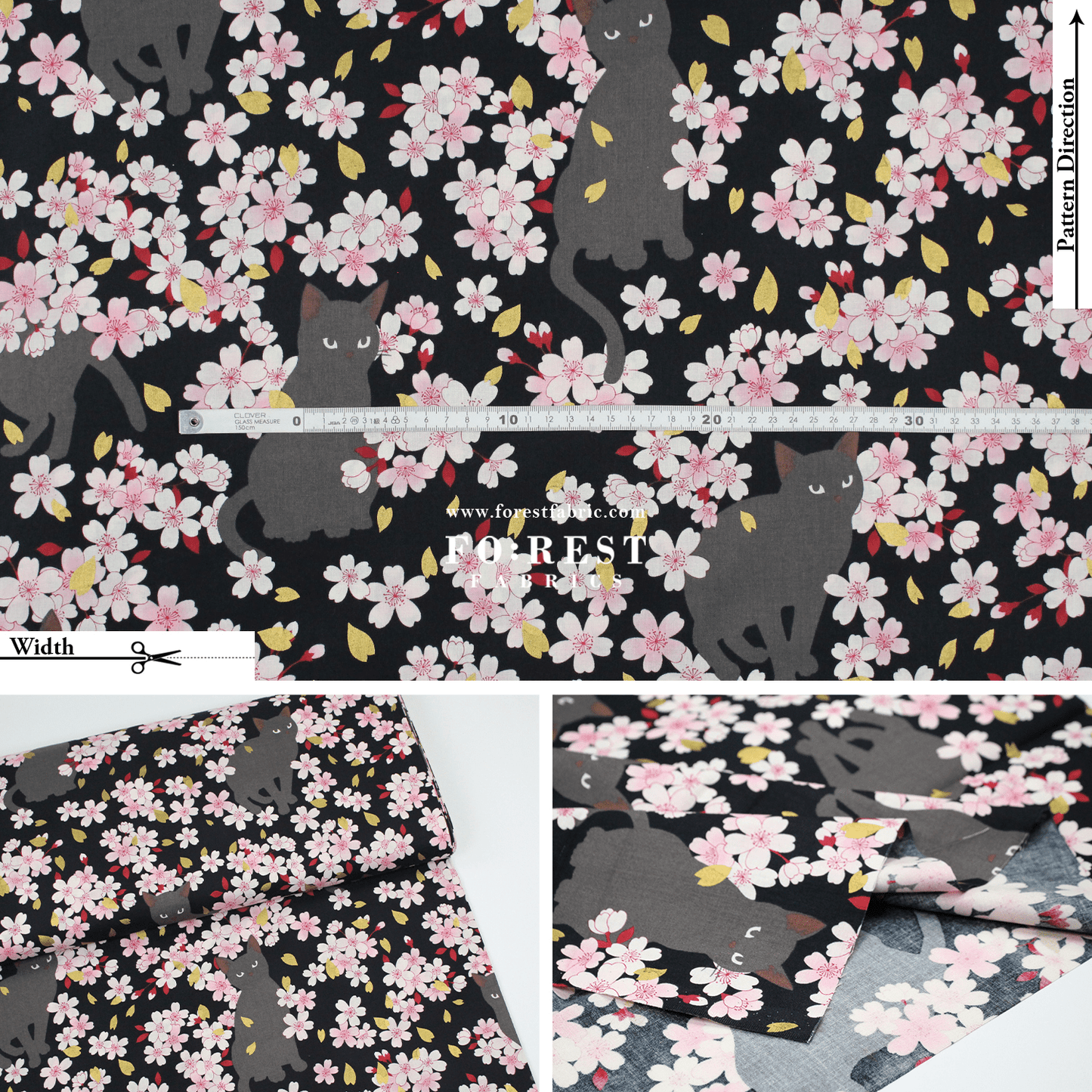 cotton - Sakura Blooms cat fabric Black - FO:REST Fabric 布恩堂Liberty fabrictana lawnjapanese fabricykk zipper