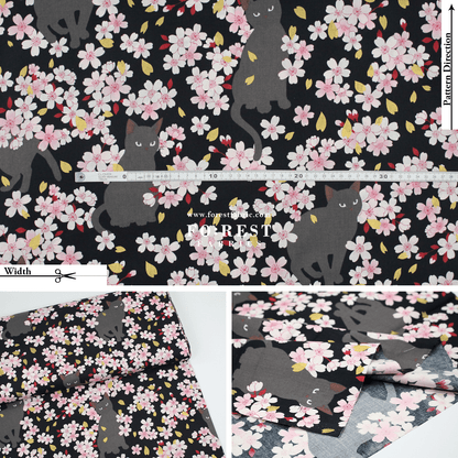 cotton - Sakura Blooms cat fabric Black - FO:REST Fabric 布恩堂Liberty fabrictana lawnjapanese fabricykk zipper