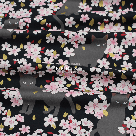 cotton - Sakura Blooms cat fabric Black - FO:REST Fabric 布恩堂Liberty fabrictana lawnjapanese fabricykk zipper
