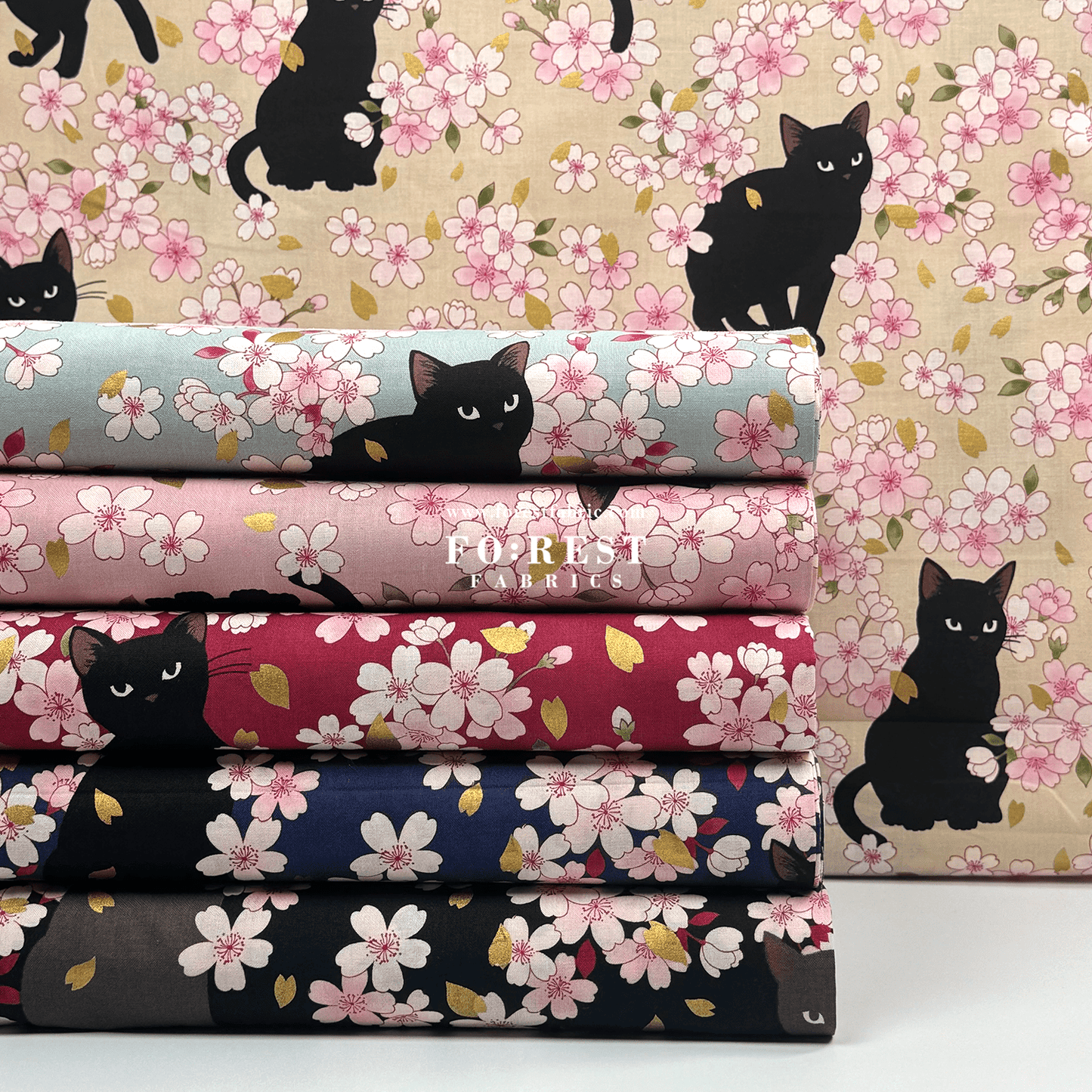 cotton - Sakura Blooms cat fabric Blue - FO:REST Fabric 布恩堂Liberty fabrictana lawnjapanese fabricykk zipper