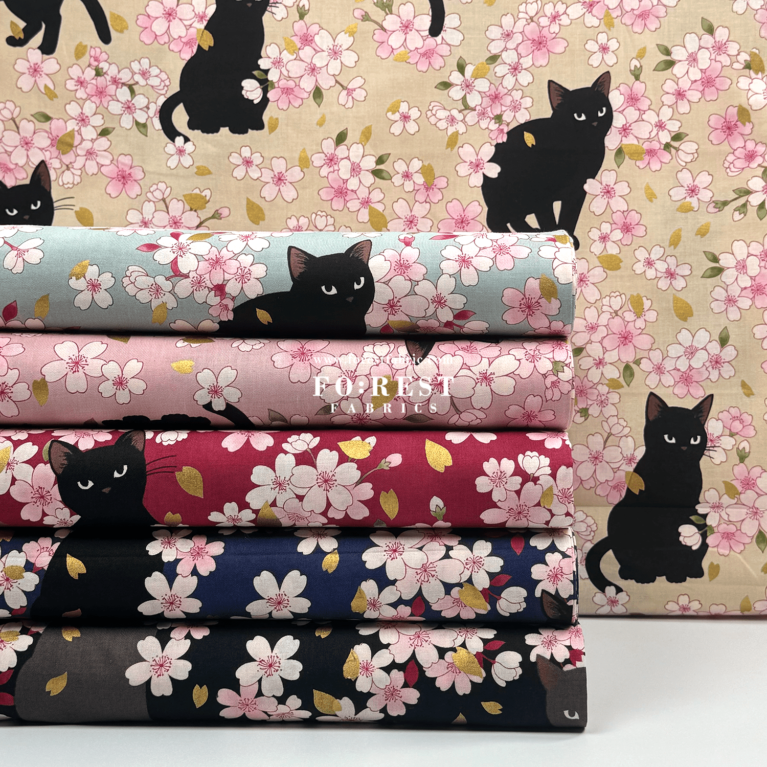 cotton - Sakura Blooms cat fabric Blue - FO:REST Fabric 布恩堂Liberty fabrictana lawnjapanese fabricykk zipper