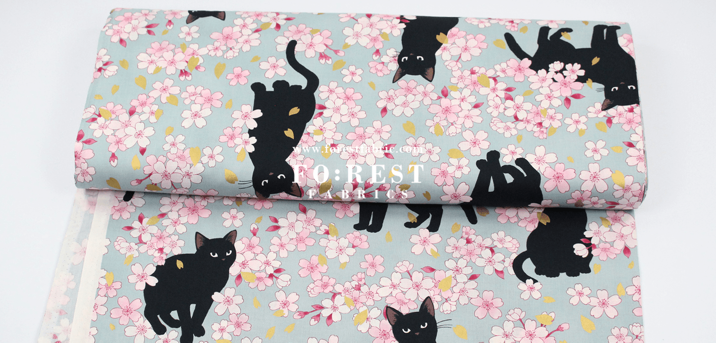 cotton - Sakura Blooms cat fabric Blue - FO:REST Fabric 布恩堂Liberty fabrictana lawnjapanese fabricykk zipper