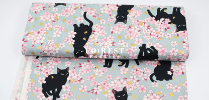 cotton - Sakura Blooms cat fabric Blue - FO:REST Fabric 布恩堂Liberty fabrictana lawnjapanese fabricykk zipper