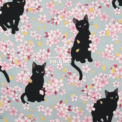 cotton - Sakura Blooms cat fabric Blue - FO:REST Fabric 布恩堂Liberty fabrictana lawnjapanese fabricykk zipper