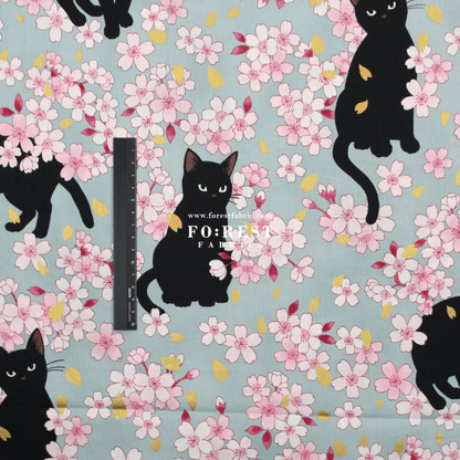 cotton - Sakura Blooms cat fabric Blue - FO:REST Fabric 布恩堂Liberty fabrictana lawnjapanese fabricykk zipper