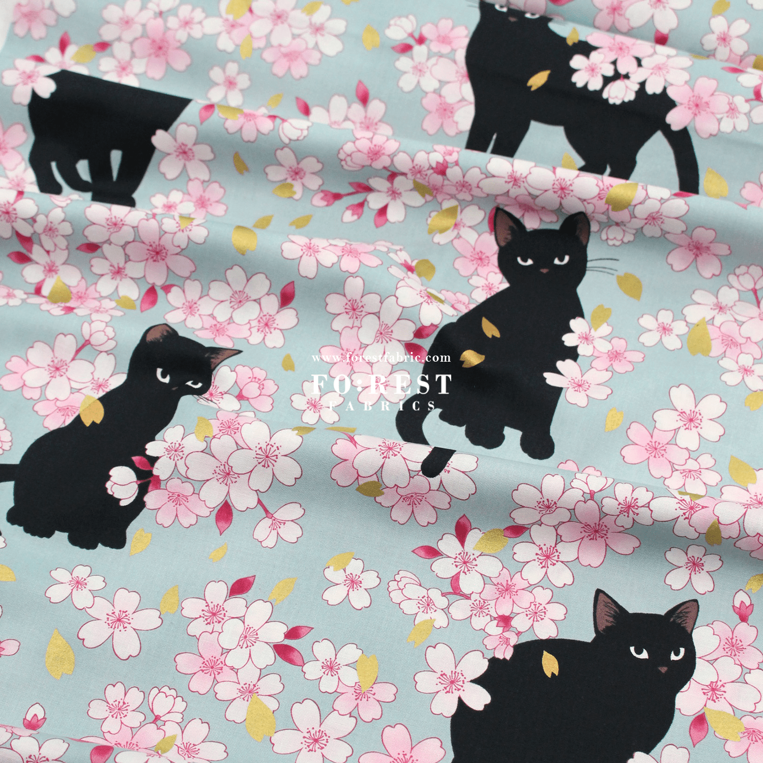 cotton - Sakura Blooms cat fabric Blue - FO:REST Fabric 布恩堂Liberty fabrictana lawnjapanese fabricykk zipper