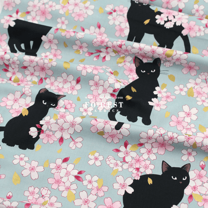 cotton - Sakura Blooms cat fabric Blue - FO:REST Fabric 布恩堂Liberty fabrictana lawnjapanese fabricykk zipper