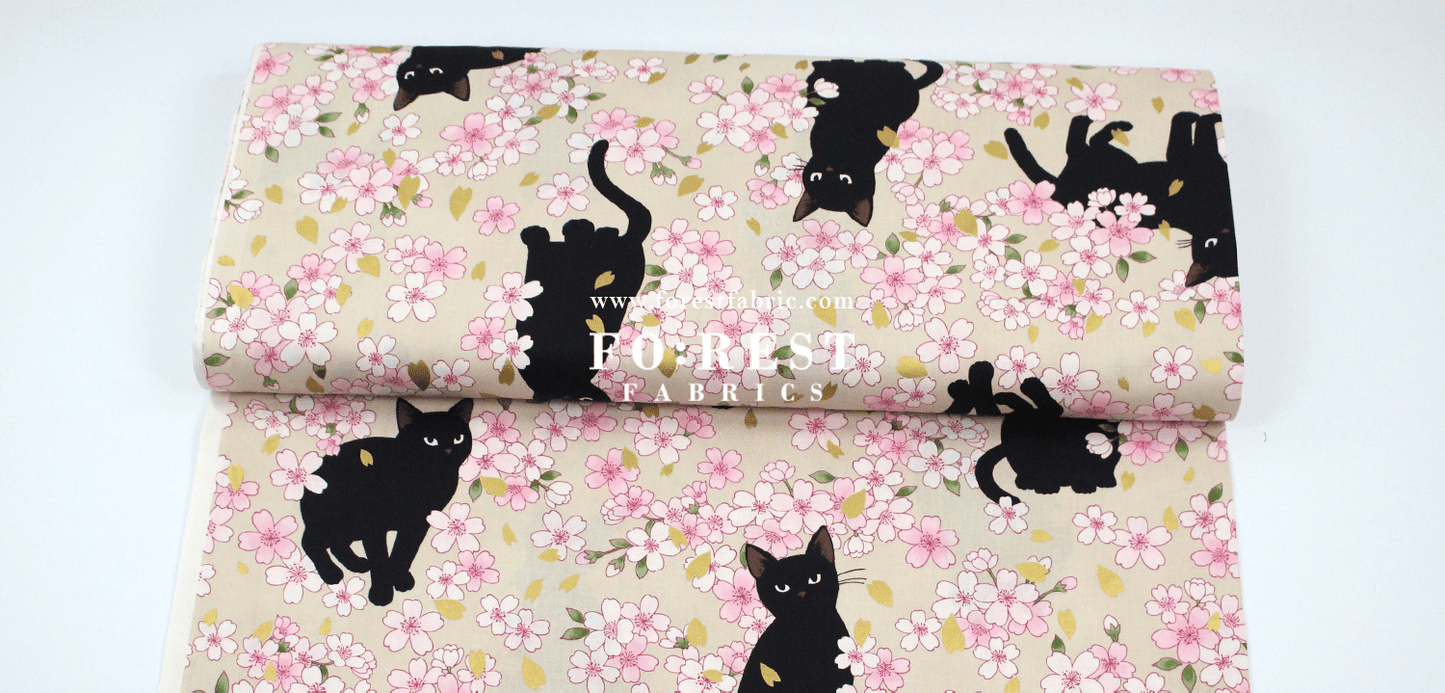 cotton - Sakura Blooms cat fabric Cream - FO:REST Fabric 布恩堂Liberty fabrictana lawnjapanese fabricykk zipper