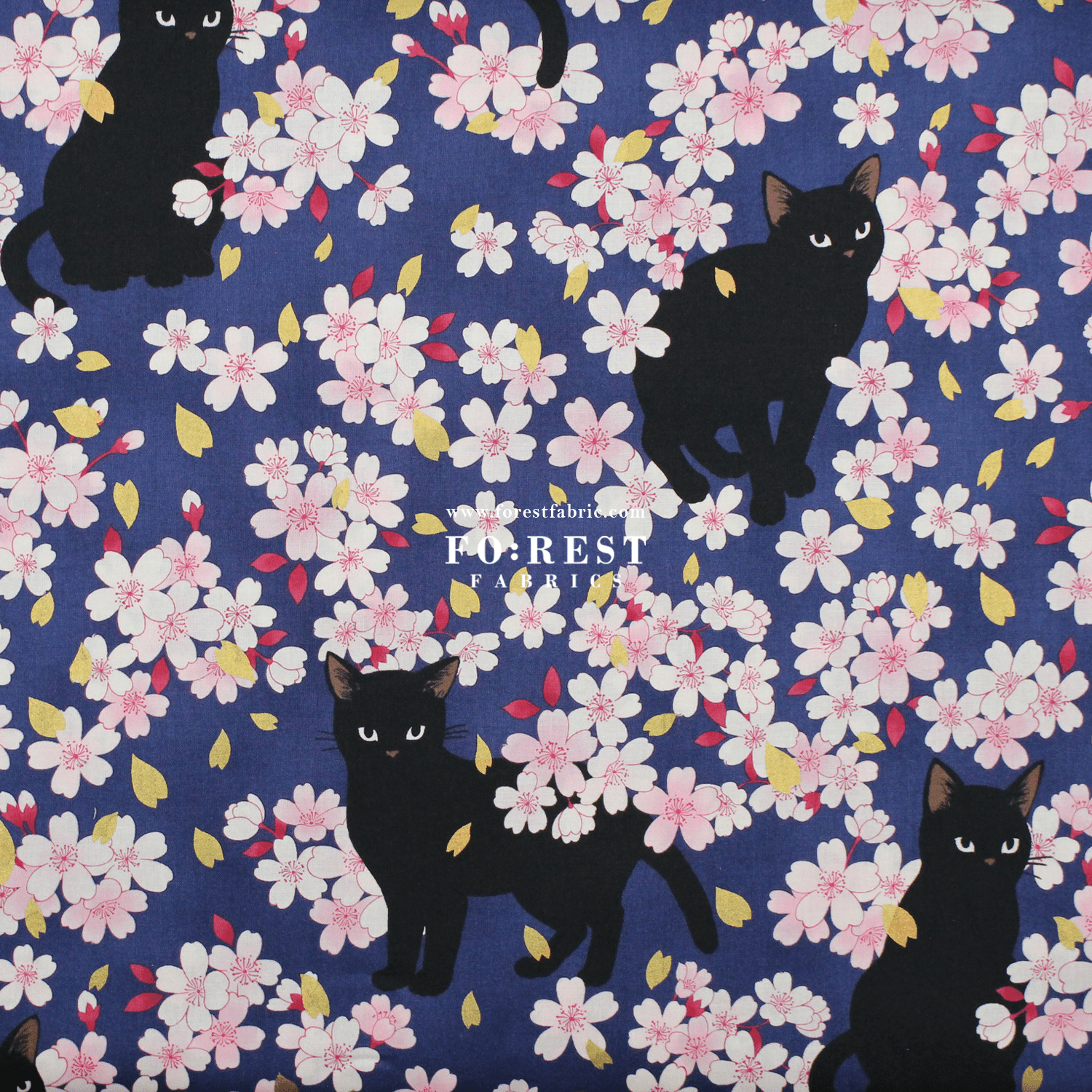 cotton - Sakura Blooms cat fabric Navy - FO:REST Fabric 布恩堂Liberty fabrictana lawnjapanese fabricykk zipper