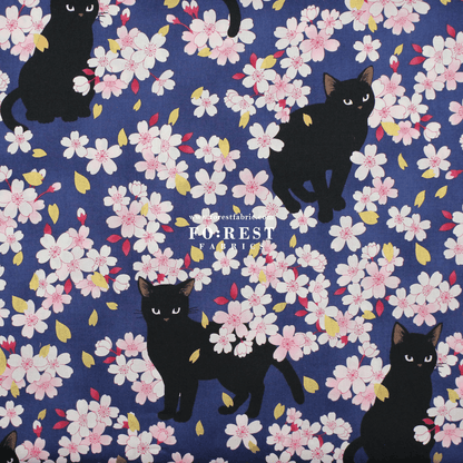 cotton - Sakura Blooms cat fabric Navy - FO:REST Fabric 布恩堂Liberty fabrictana lawnjapanese fabricykk zipper