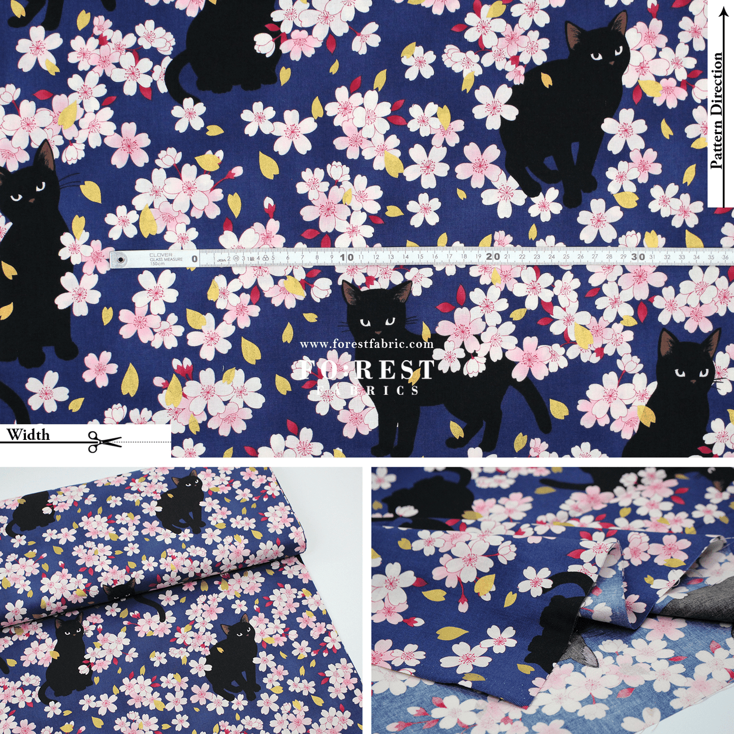 cotton - Sakura Blooms cat fabric Navy - FO:REST Fabric 布恩堂Liberty fabrictana lawnjapanese fabricykk zipper