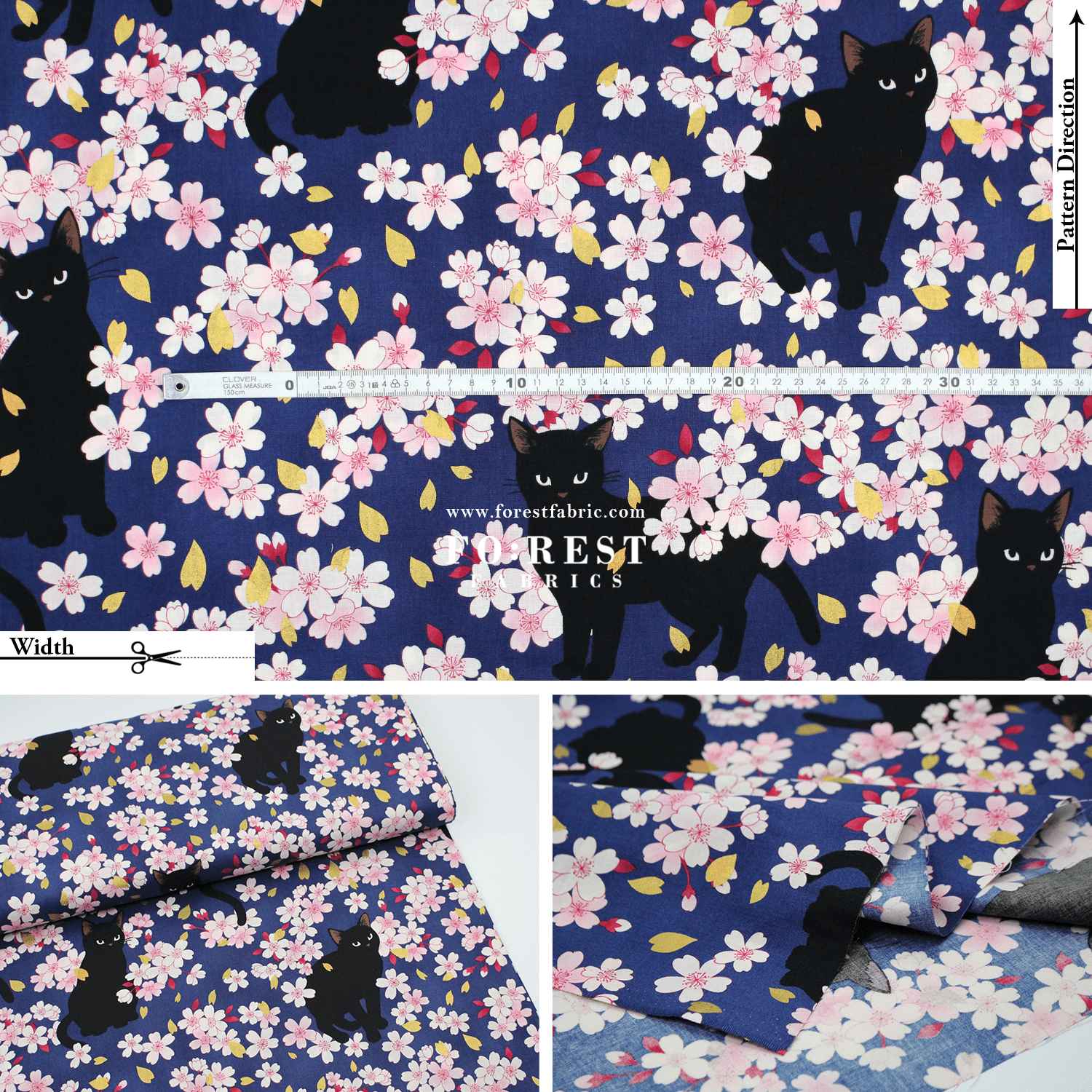 cotton - Sakura Blooms cat fabric Navy - FO:REST Fabric 布恩堂Liberty fabrictana lawnjapanese fabricykk zipper