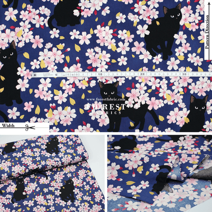 cotton - Sakura Blooms cat fabric Navy - FO:REST Fabric 布恩堂Liberty fabrictana lawnjapanese fabricykk zipper