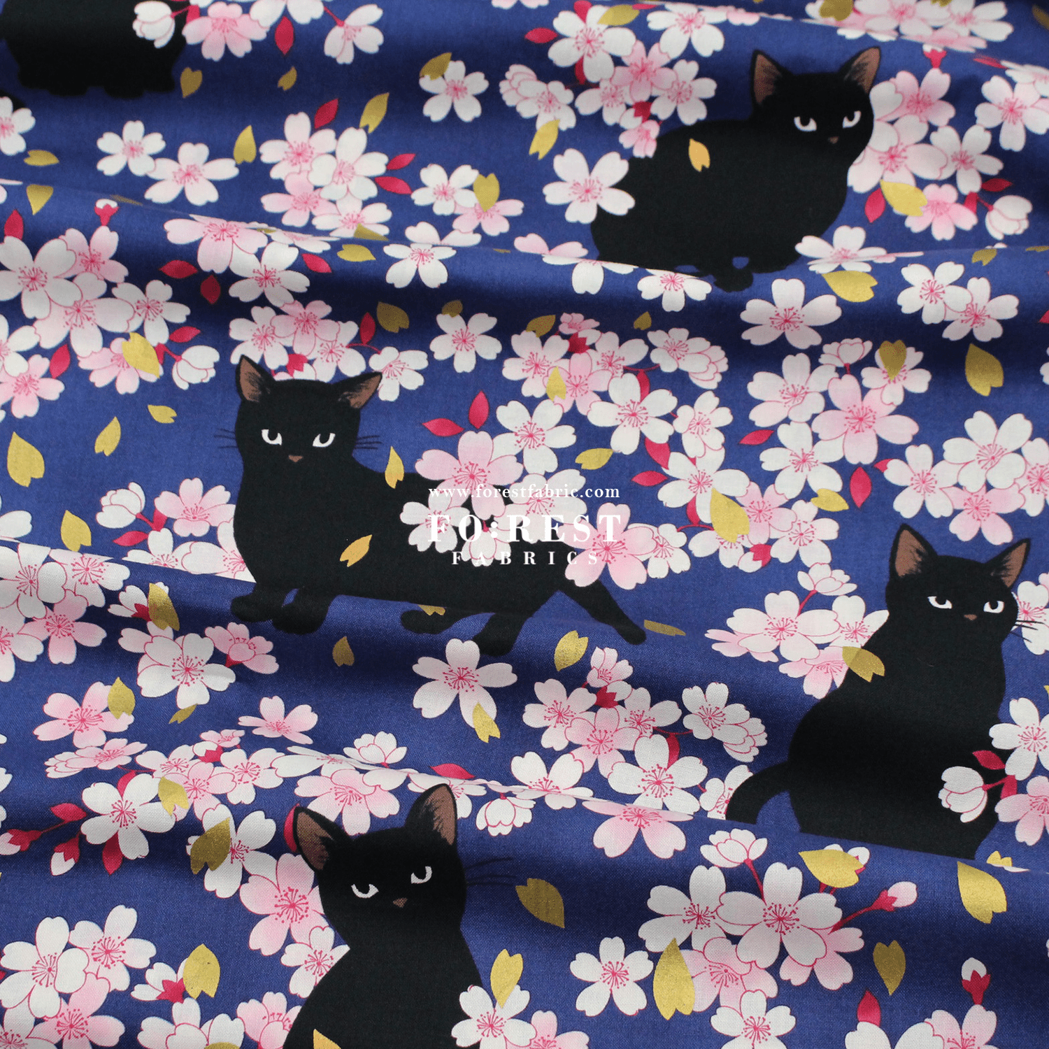 cotton - Sakura Blooms cat fabric Navy - FO:REST Fabric 布恩堂Liberty fabrictana lawnjapanese fabricykk zipper