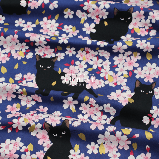 cotton - Sakura Blooms cat fabric Navy - FO:REST Fabric 布恩堂Liberty fabrictana lawnjapanese fabricykk zipper