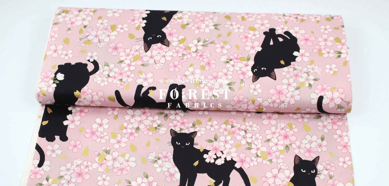 cotton - Sakura Blooms cat fabric Pink - FO:REST Fabric 布恩堂Liberty fabrictana lawnjapanese fabricykk zipper
