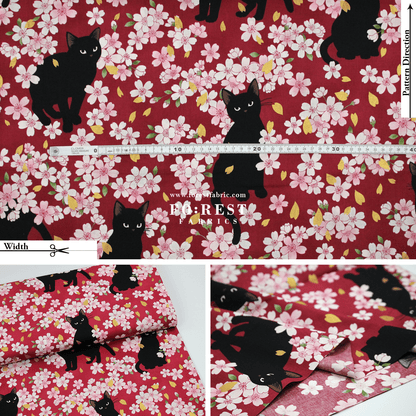 cotton - Sakura Blooms cat fabric Red - FO:REST Fabric 布恩堂Liberty fabrictana lawnjapanese fabricykk zipper