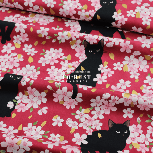 cotton - Sakura Blooms cat fabric Red - FO:REST Fabric 布恩堂Liberty fabrictana lawnjapanese fabricykk zipper