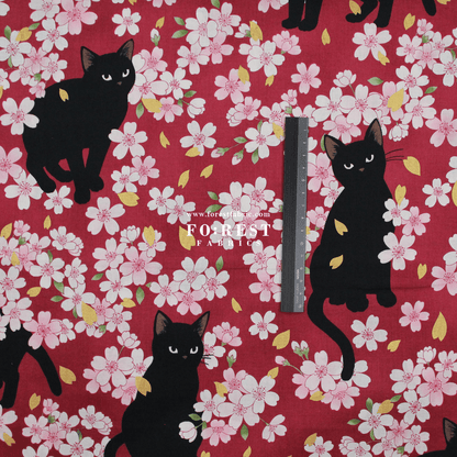 cotton - Sakura Blooms cat fabric Red - FO:REST Fabric 布恩堂Liberty fabrictana lawnjapanese fabricykk zipper
