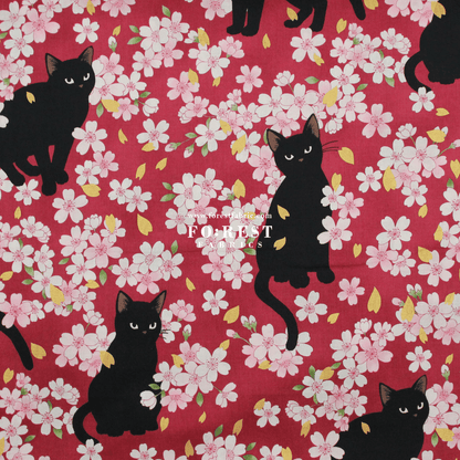 cotton - Sakura Blooms cat fabric Red - FO:REST Fabric 布恩堂Liberty fabrictana lawnjapanese fabricykk zipper