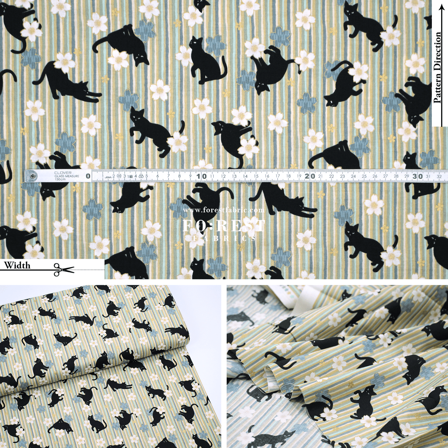 cotton - Sakura Strip cat fabric Green - FO:REST Fabric 布恩堂Liberty fabrictana lawnjapanese fabricykk zipper
