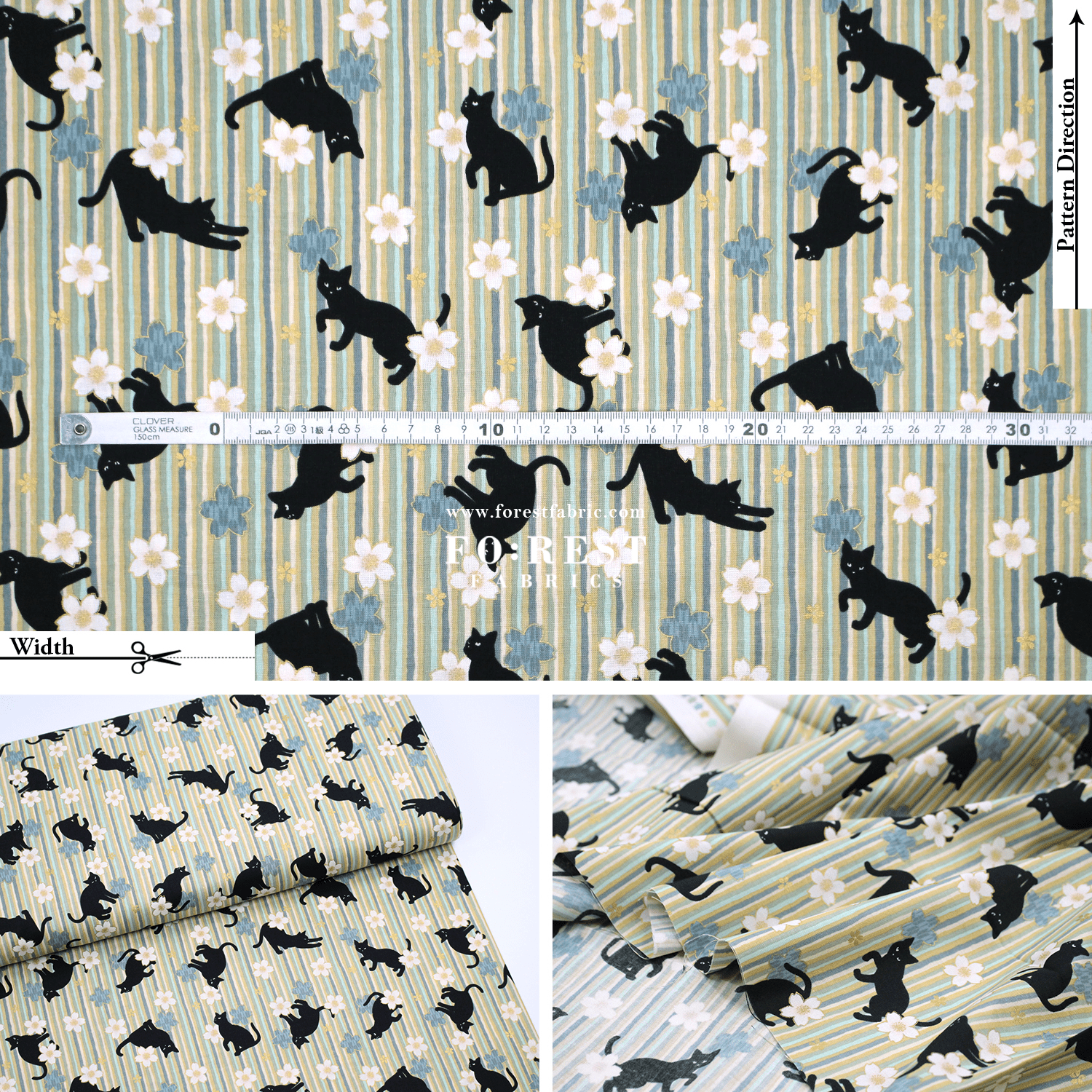 cotton - Sakura Strip cat fabric Green - FO:REST Fabric 布恩堂Liberty fabrictana lawnjapanese fabricykk zipper