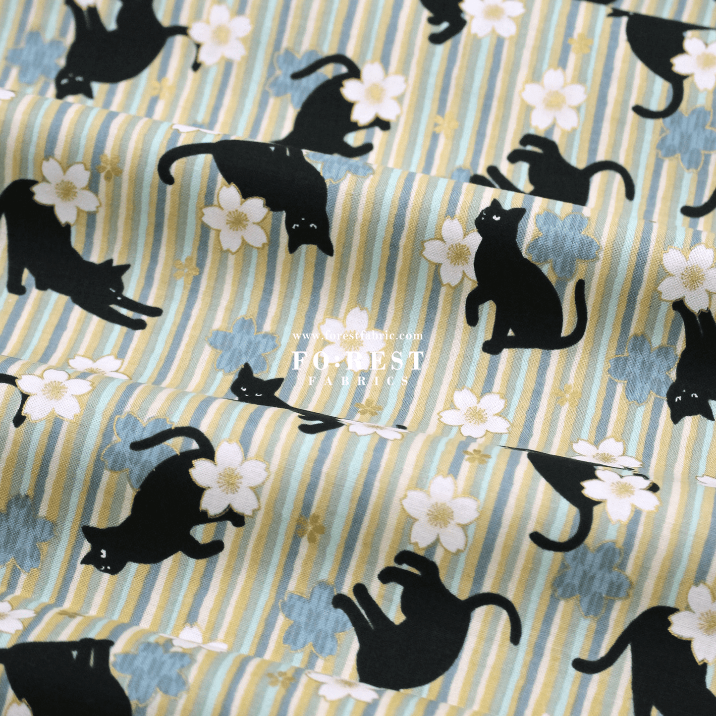 cotton - Sakura Strip cat fabric Green - FO:REST Fabric 布恩堂Liberty fabrictana lawnjapanese fabricykk zipper
