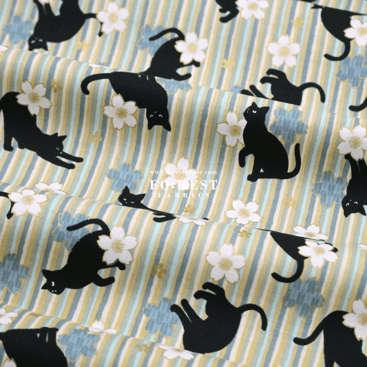 cotton - Sakura Strip cat fabric Green - FO:REST Fabric 布恩堂Liberty fabrictana lawnjapanese fabricykk zipper