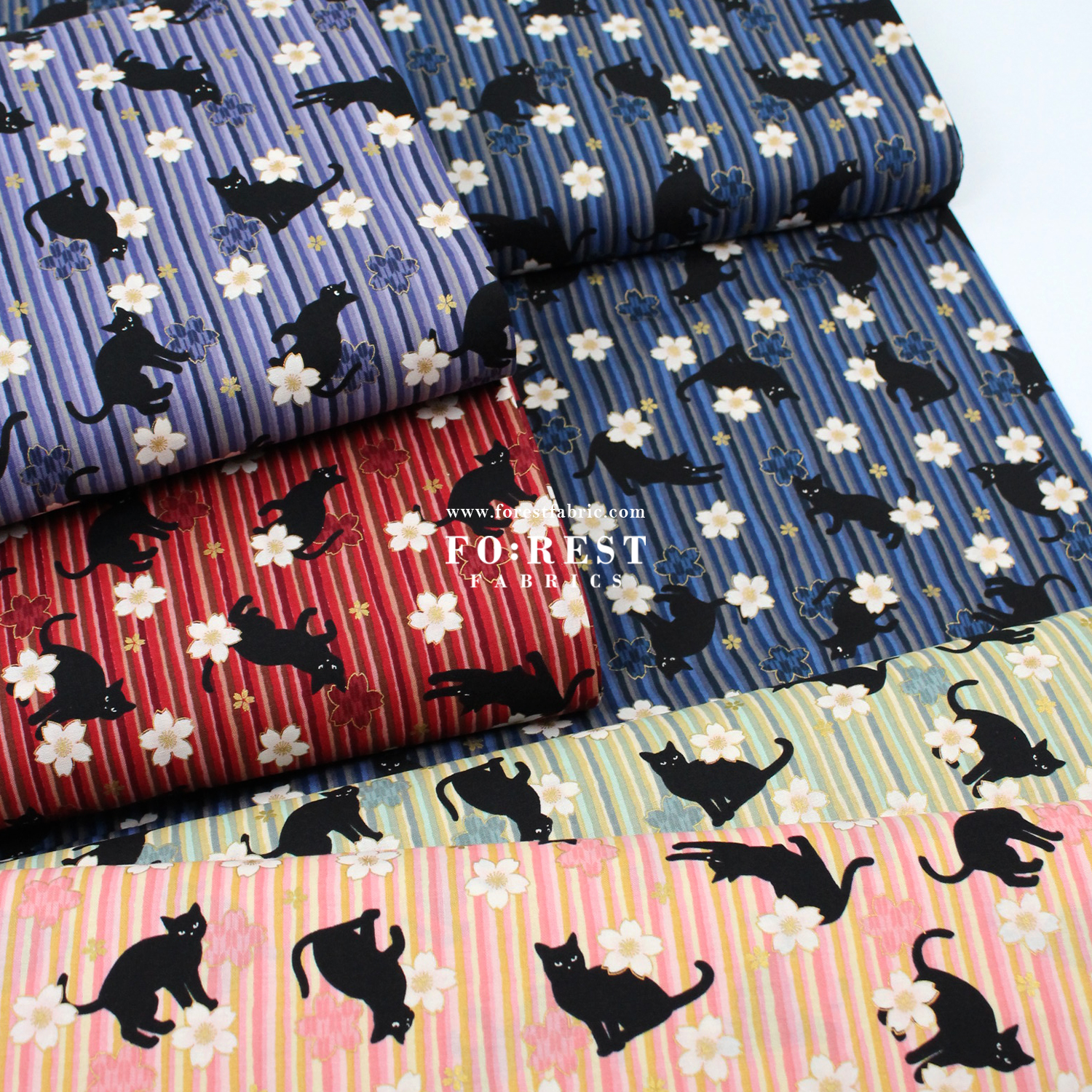 cotton - Sakura Strip cat fabric Green - FO:REST Fabric 布恩堂Liberty fabrictana lawnjapanese fabricykk zipper