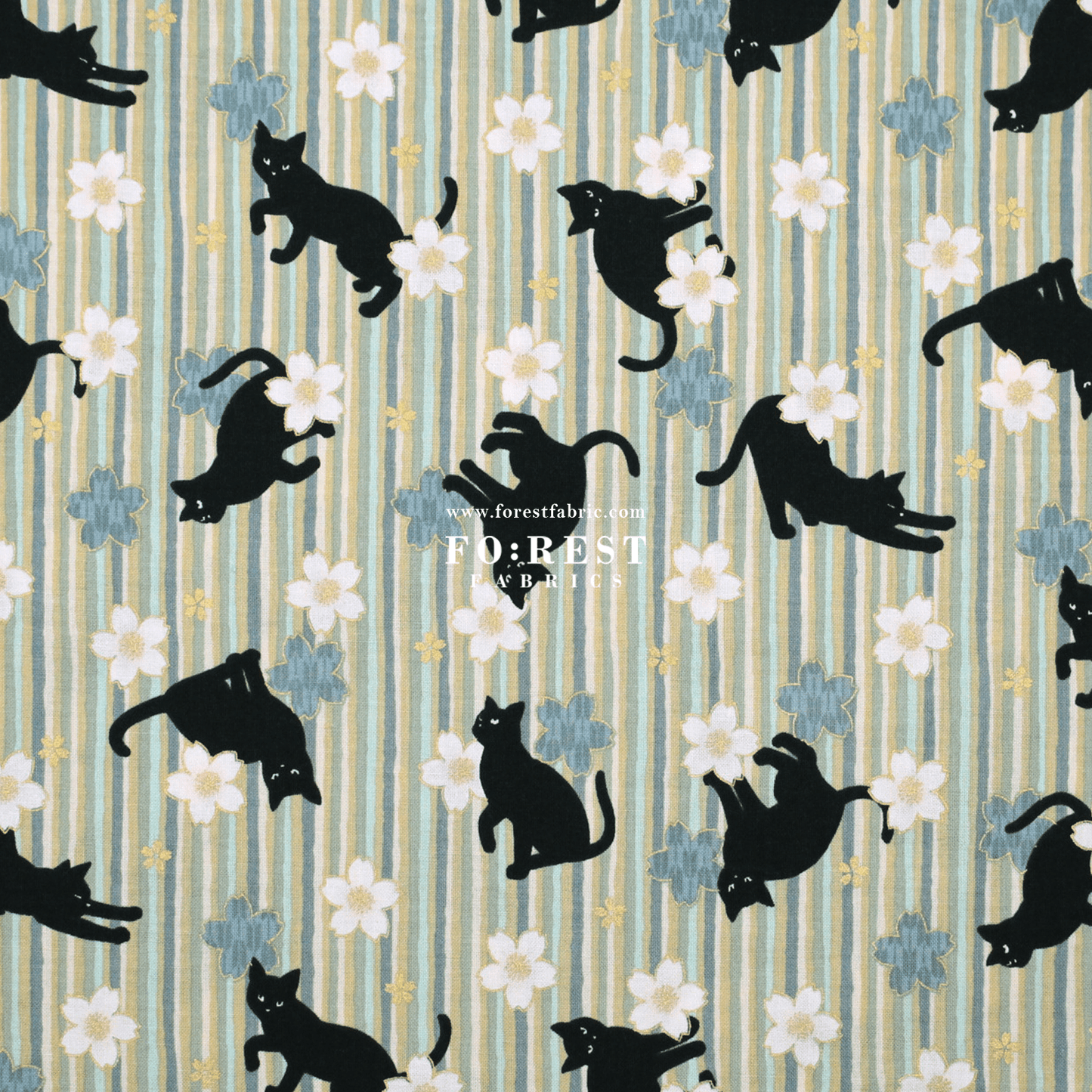 cotton - Sakura Strip cat fabric Green - FO:REST Fabric 布恩堂Liberty fabrictana lawnjapanese fabricykk zipper