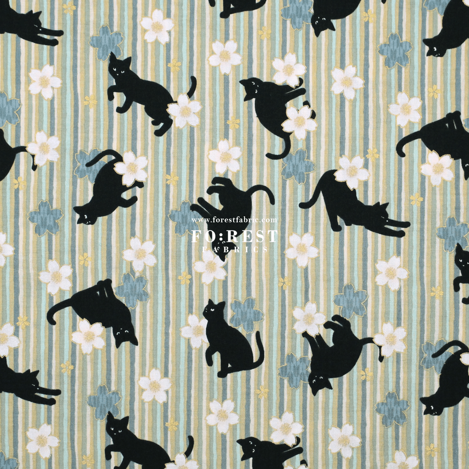cotton - Sakura Strip cat fabric Green - FO:REST Fabric 布恩堂Liberty fabrictana lawnjapanese fabricykk zipper