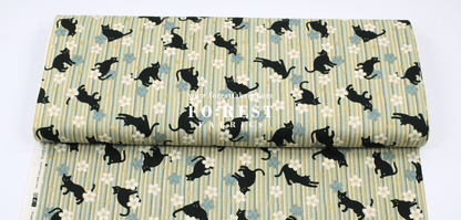 cotton - Sakura Strip cat fabric Green - FO:REST Fabric 布恩堂Liberty fabrictana lawnjapanese fabricykk zipper