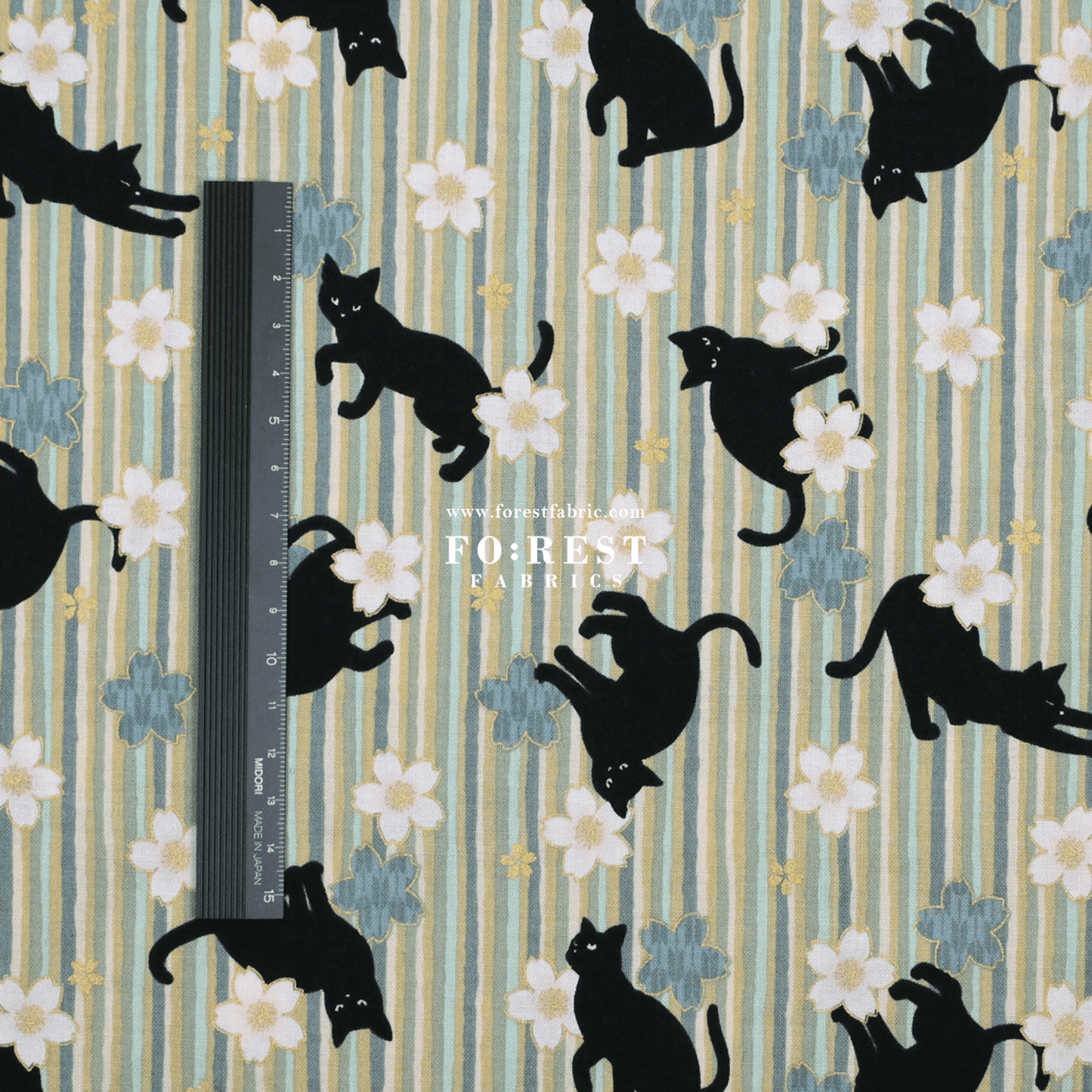 cotton - Sakura Strip cat fabric Green - FO:REST Fabric 布恩堂Liberty fabrictana lawnjapanese fabricykk zipper