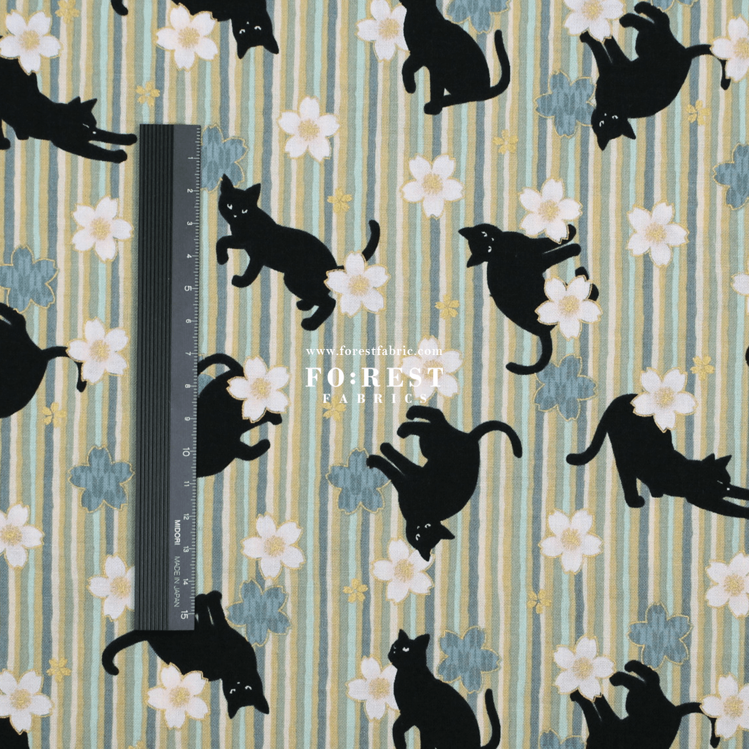 cotton - Sakura Strip cat fabric Green - FO:REST Fabric 布恩堂Liberty fabrictana lawnjapanese fabricykk zipper