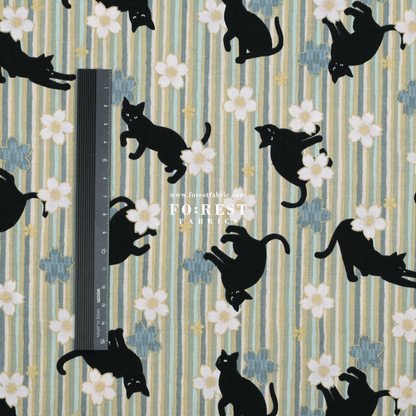 cotton - Sakura Strip cat fabric Green - FO:REST Fabric 布恩堂Liberty fabrictana lawnjapanese fabricykk zipper