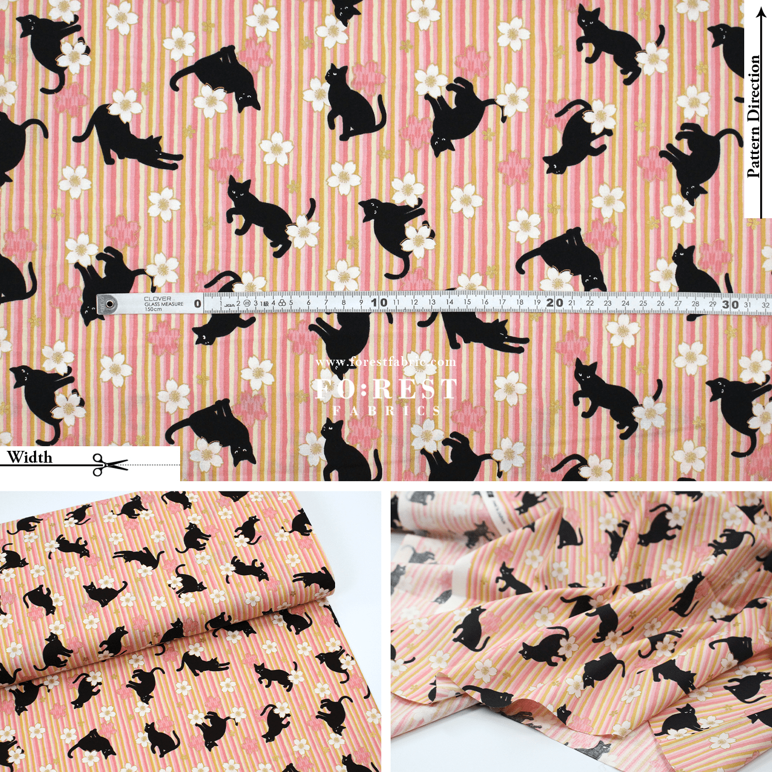 cotton - Sakura Strip cat fabric Pink - FO:REST Fabric 布恩堂Liberty fabrictana lawnjapanese fabricykk zipper