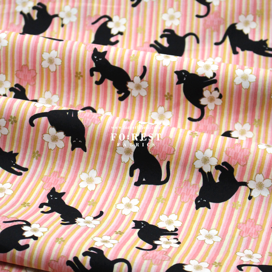 cotton - Sakura Strip cat fabric Pink - FO:REST Fabric 布恩堂Liberty fabrictana lawnjapanese fabricykk zipper