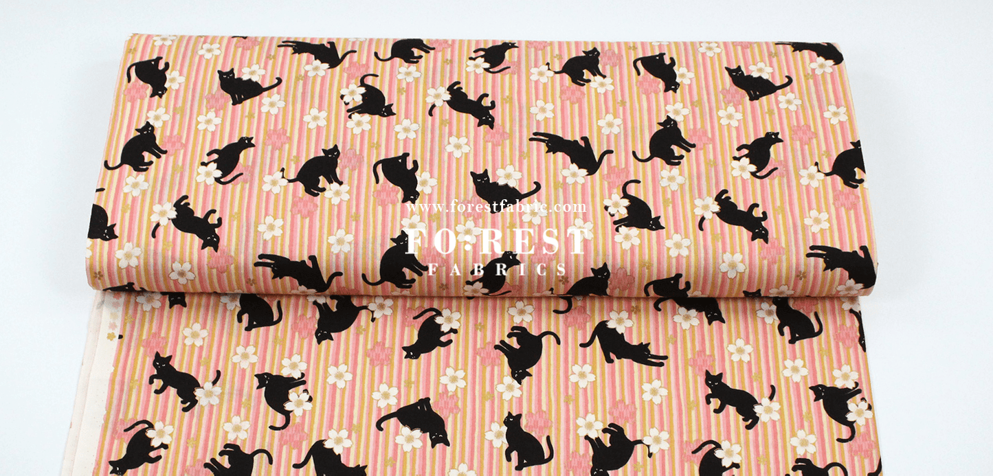 cotton - Sakura Strip cat fabric Pink - FO:REST Fabric 布恩堂Liberty fabrictana lawnjapanese fabricykk zipper