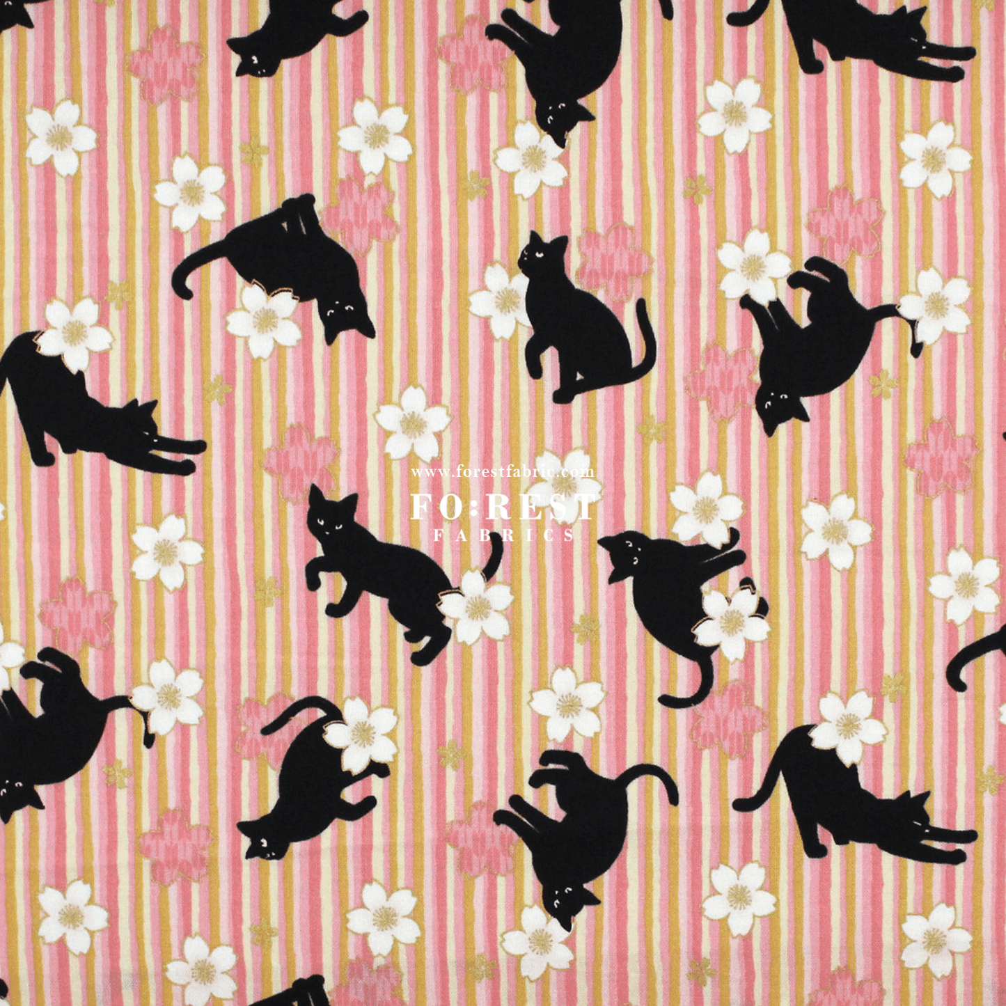 cotton - Sakura Strip cat fabric Pink - FO:REST Fabric 布恩堂Liberty fabrictana lawnjapanese fabricykk zipper
