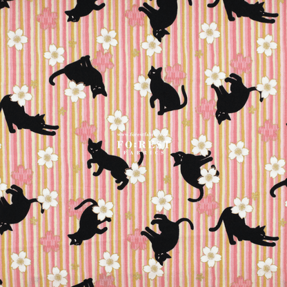 cotton - Sakura Strip cat fabric Pink - FO:REST Fabric 布恩堂Liberty fabrictana lawnjapanese fabricykk zipper